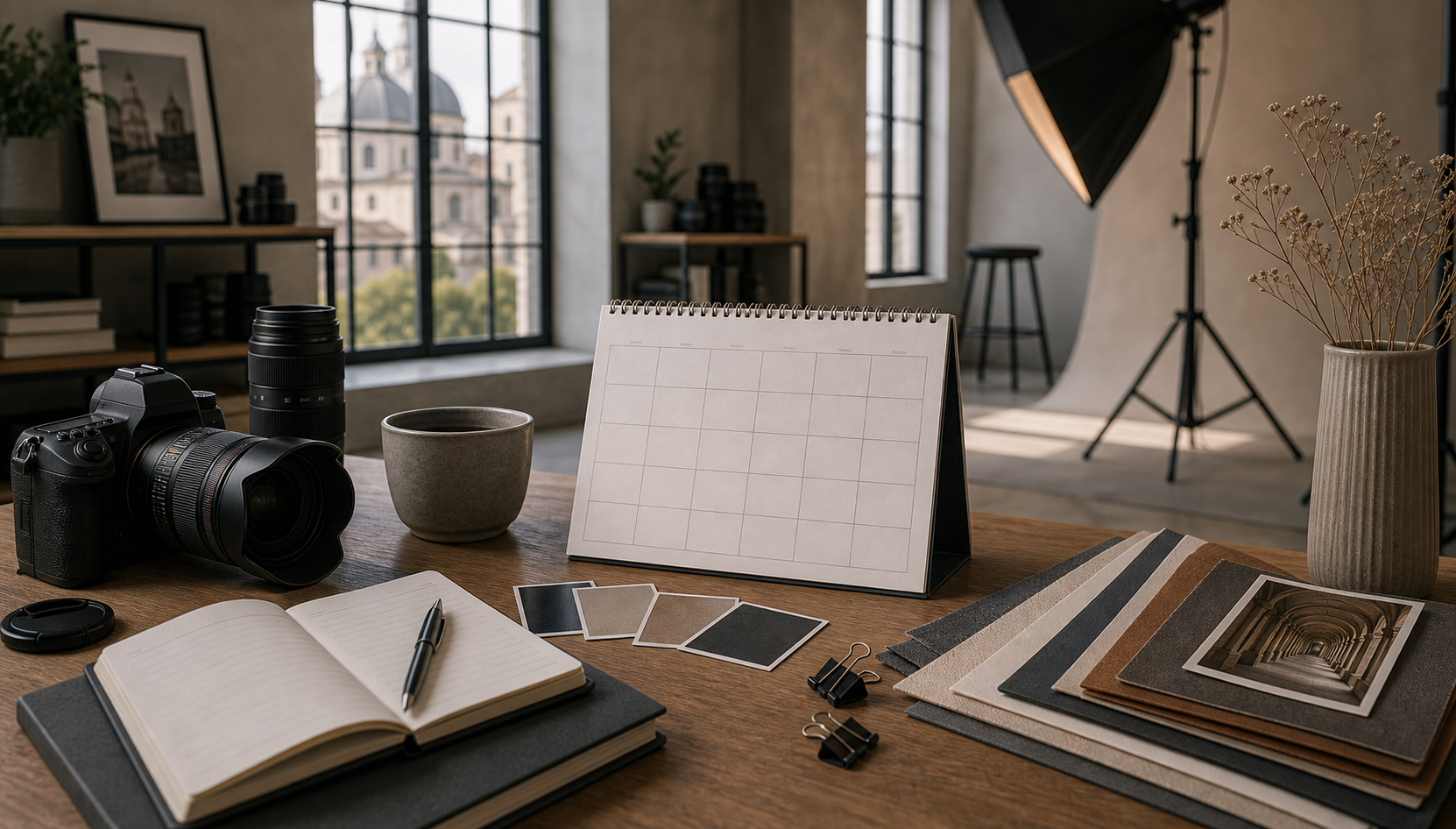 Allestimento di uno studio fotografico con luci e fondale pronti per la sessione